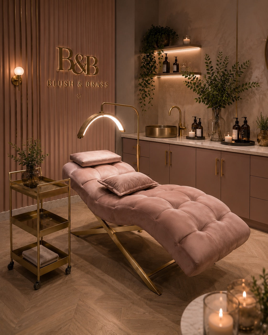 The Roma Velour Treatment Bed – Blush & Brass
